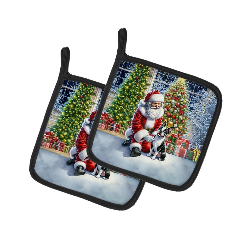 Boston Terrier and Santa Claus Pot Holders - Set of 2 Decorative Kitchen Helpers | Made in the USA