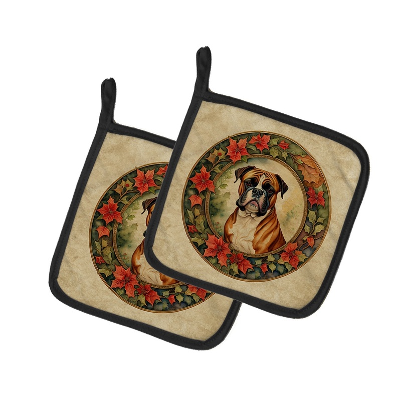 Boxer Christmas Flowers Pot Holders - Set of 2 Decorative Kitchen Helpers | Made in the USA