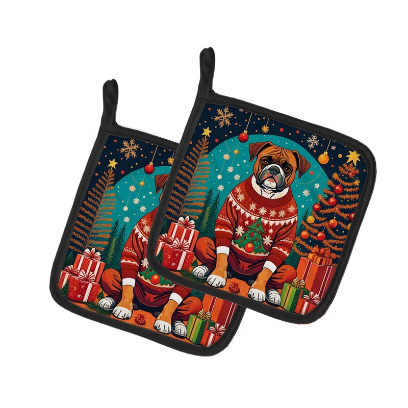 Boxer Christmas Pot Holders - Set of 2 Decorative Kitchen Helpers | Made in the USA