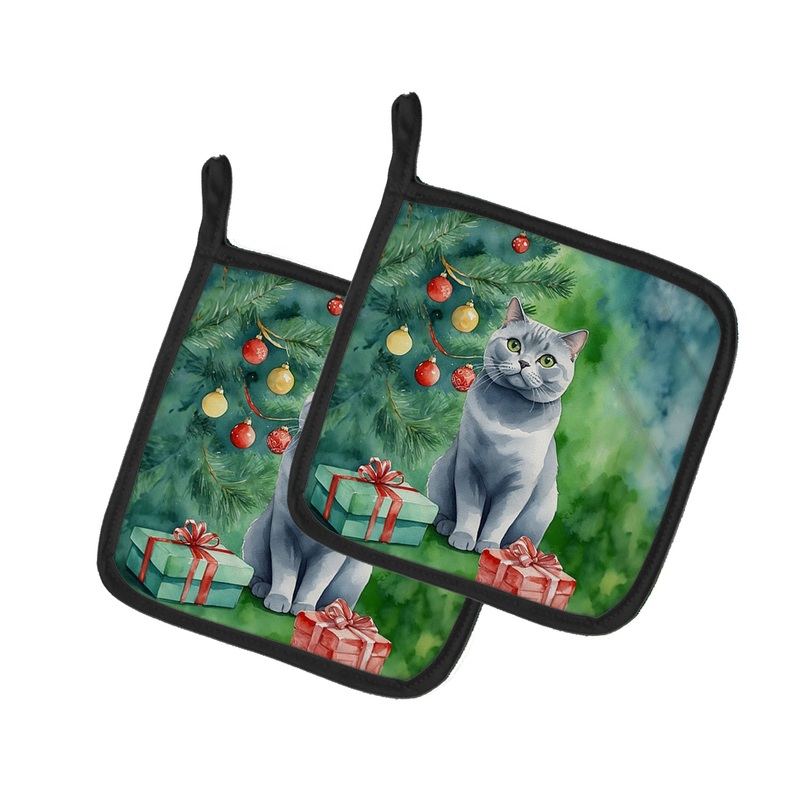 British Shorthair Cat By the Christmas Tree Pot Holders - Set of 2 Decorative Kitchen Helpers | Made in the USA
