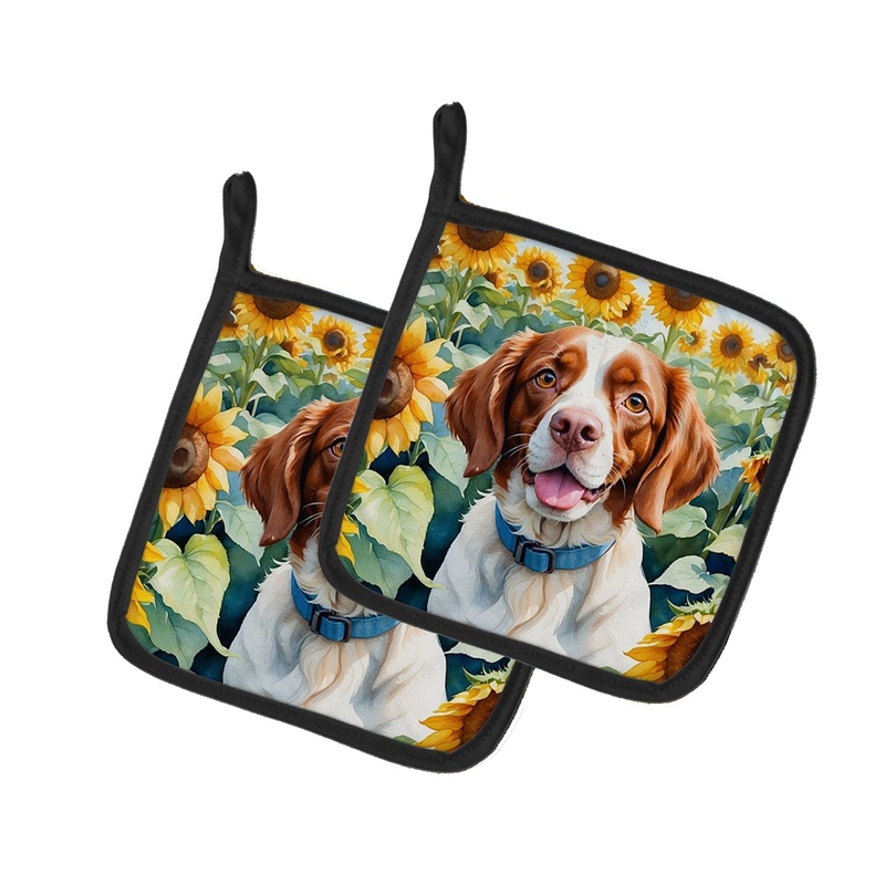 Brittany Spaniel in Sunflowers Pot Holders - Set of 2 Decorative Kitchen Helpers | Made in the USA