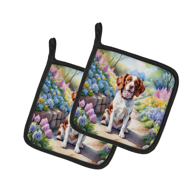 Brittany Spaniel Spring Path Pot Holders - Set of 2 Decorative Kitchen Helpers | Made in the USA