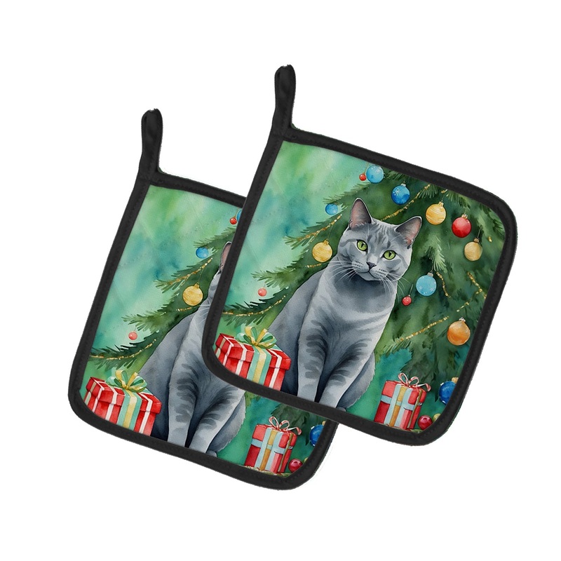 Chartreux Cat By the Christmas Tree Pot Holders - Set of 2 Decorative Kitchen Helpers | Made in the USA
