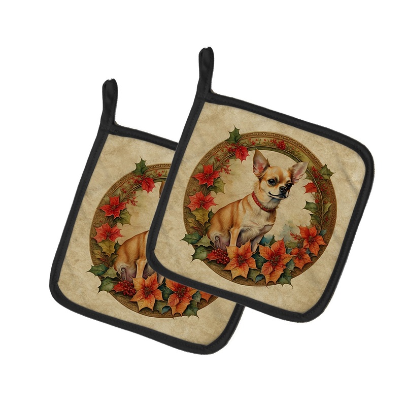Chihuahua Christmas Flowers Pot Holders - Set of 2 Decorative Kitchen Helpers | Made in the USA