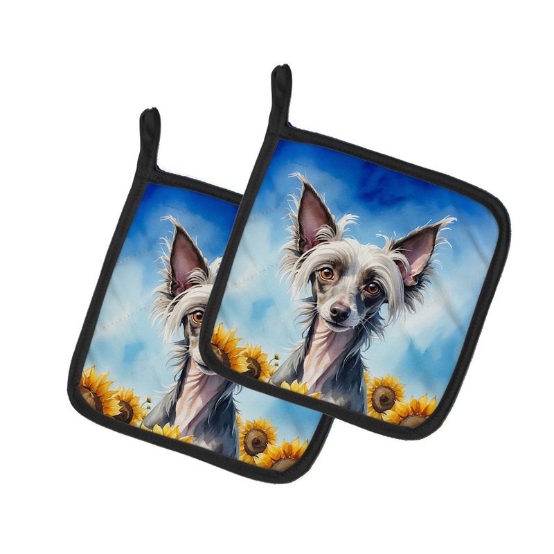 Chinese Crested in Sunflowers Pot Holders - Set of 2 Decorative Kitchen Helpers | Made in the USA