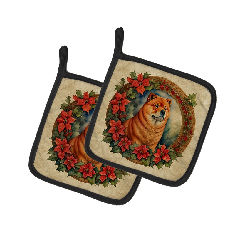 Chow Chow Christmas Flowers Pot Holders - Set of 2 Decorative Kitchen Helpers | Made in the USA