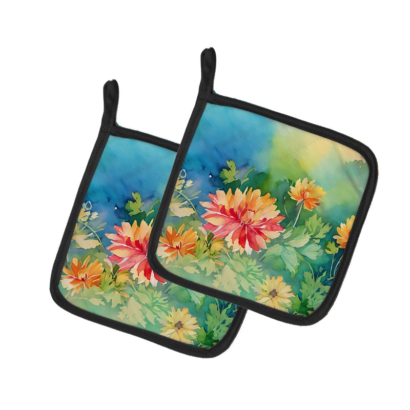 Chrysanthemums in Watercolor Pot Holders - Set of 2 Decorative Kitchen Helpers | Made in the USA