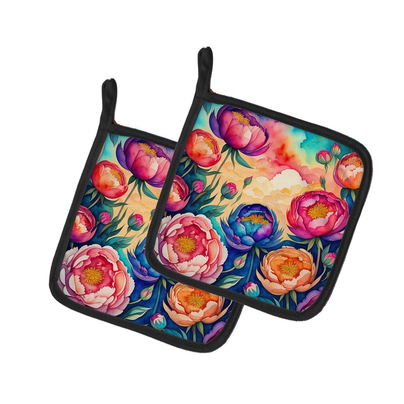Colorful Peonies Pot Holders - Set of 2 Decorative Kitchen Helpers | Made in the USA