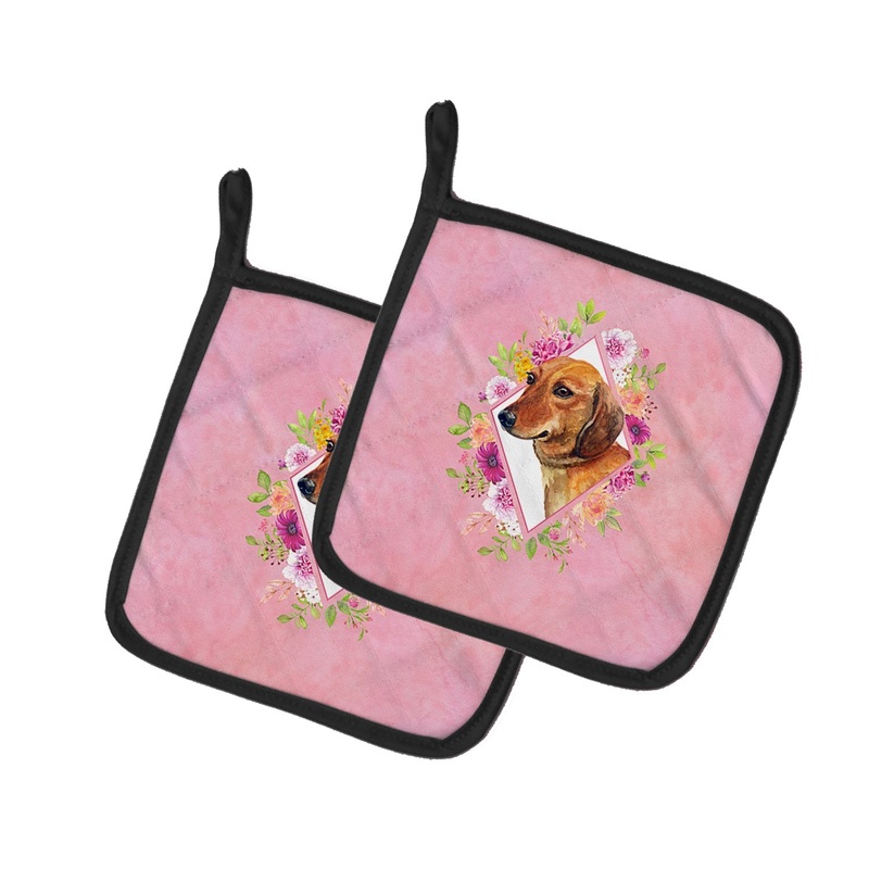 Dachshund Red #1 Pink Flowers Pot Holders - Set of 2 - Heat-Resistant Kitchen Essentials CK4134PTHD