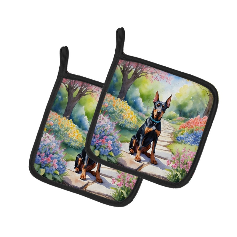 Doberman Pinscher Spring Path Pot Holders - Set of 2 Decorative Kitchen Helpers | Made in the USA