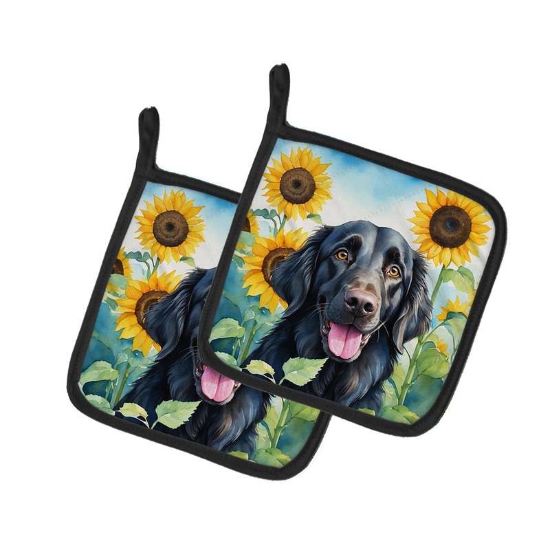 Flat-Coated Retriever in Sunflowers Pot Holders - Set of 2 Decorative Kitchen Helpers | Made in the USA