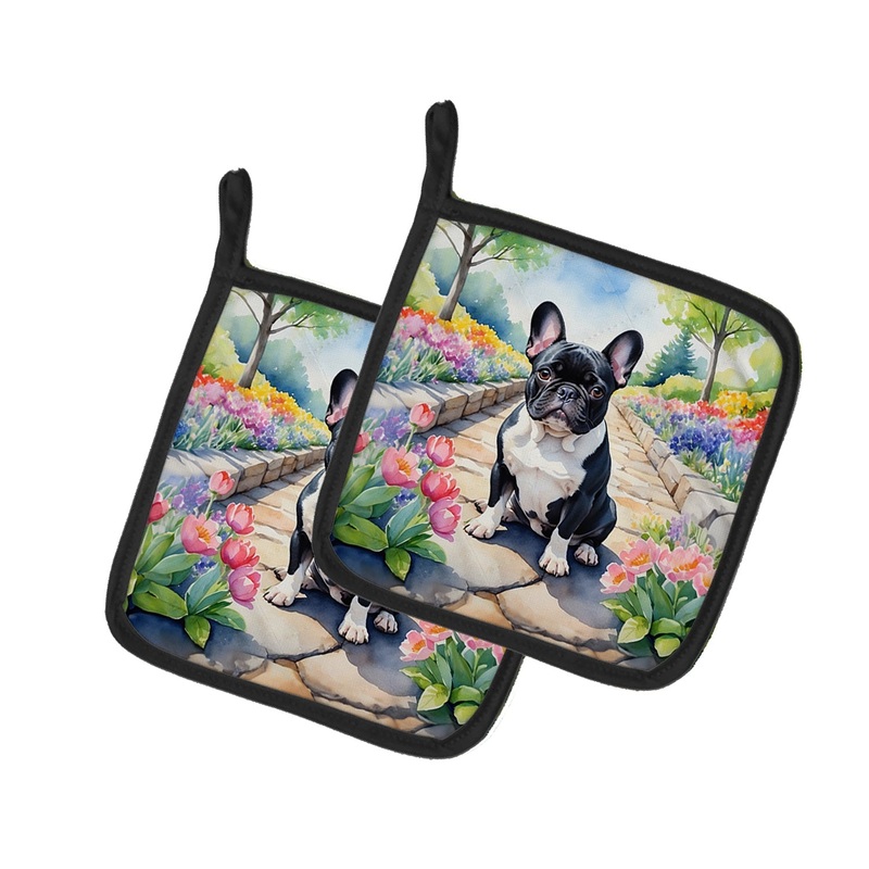 French Bulldog Spring Path Pot Holders - Set of 2 Decorative Kitchen Helpers | Made in the USA