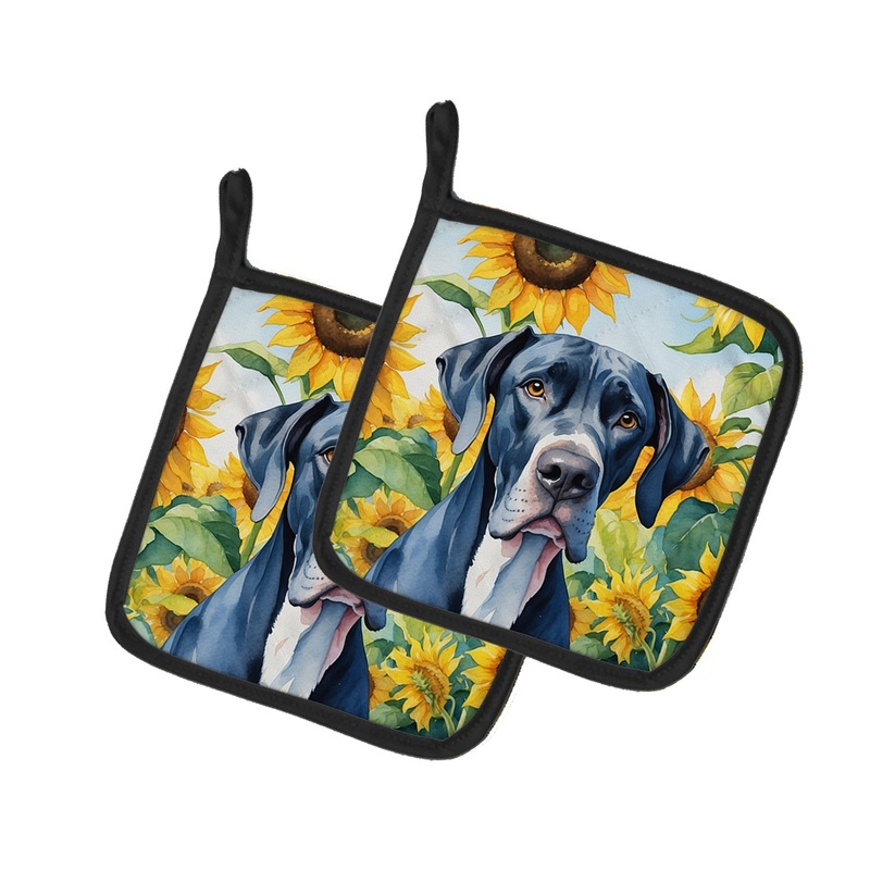 Great Dane in Sunflowers Pot Holders - Set of 2 Decorative Kitchen Helpers | Made in the USA