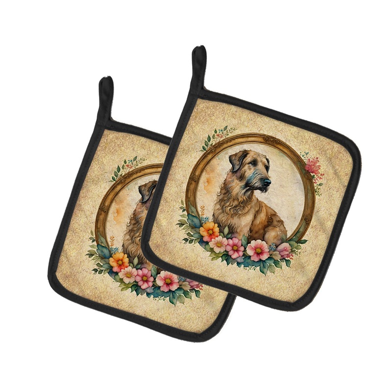 Irish Wolfhound and Flowers Pot Holders - Set of 2 Decorative Kitchen Helpers | Made in the USA