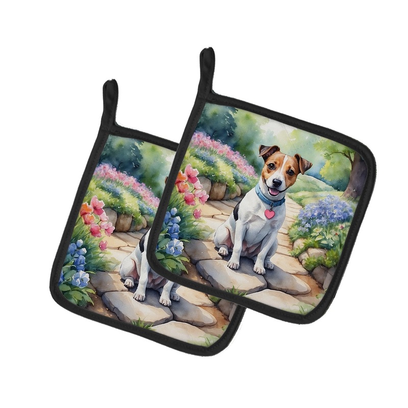 Jack Russell Terrier Spring Path Pot Holders - Set of 2 Decorative Kitchen Helpers | Made in the USA