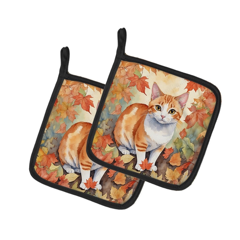 Japanese Bobtail Cat in Fall Leaves Pot Holders - Set of 2 Decorative Kitchen Helpers | Made in the USA