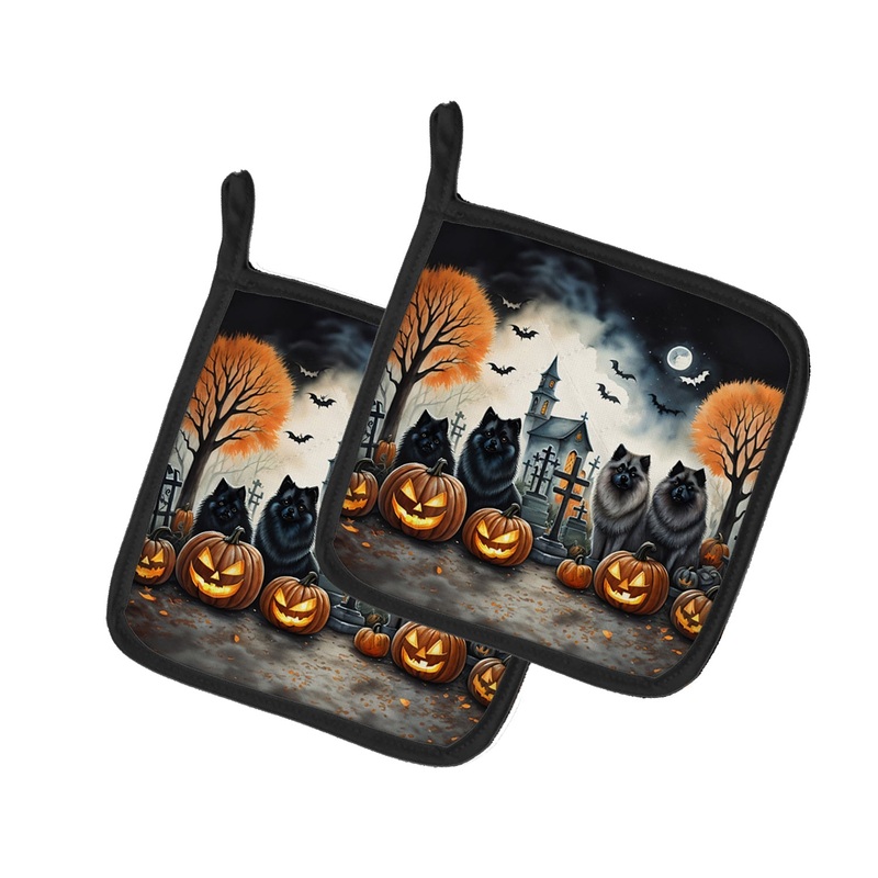 Keeshond Spooky Halloween Pot Holders - Set of 2 Decorative Kitchen Helpers | Made in the USA