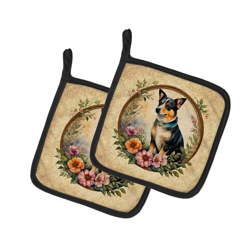 Lancashire Heeler and Flowers Pot Holders - Set of 2 Decorative Kitchen Helpers | Made in the USA