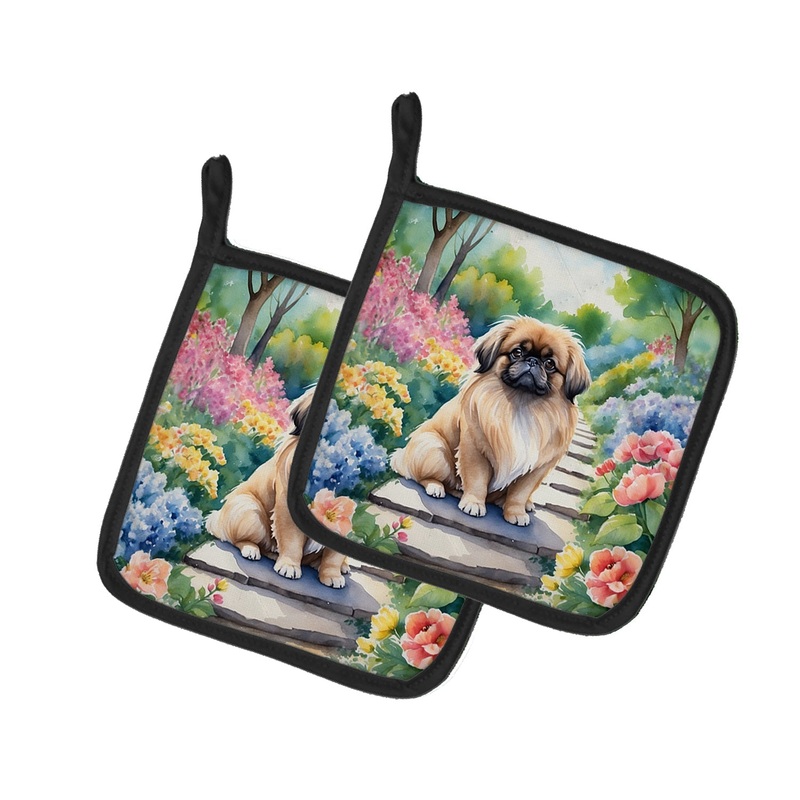 Pekingese Spring Path Pot Holders - Set of 2 Decorative Kitchen Helpers | Made in the USA