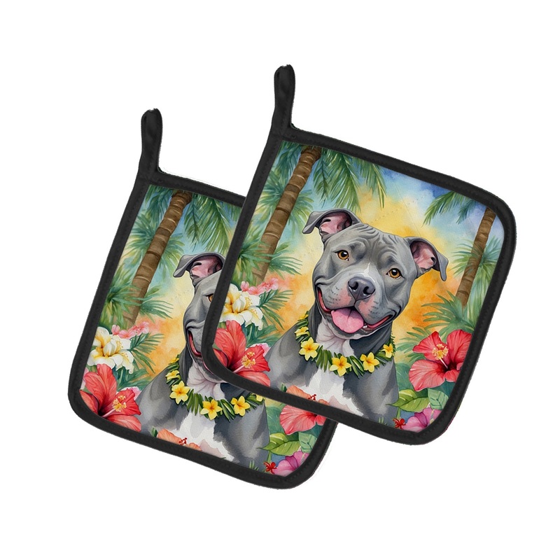 Pit Bull Terrier Luau Pot Holders - Set of 2 Decorative Kitchen Helpers | Made in the USA