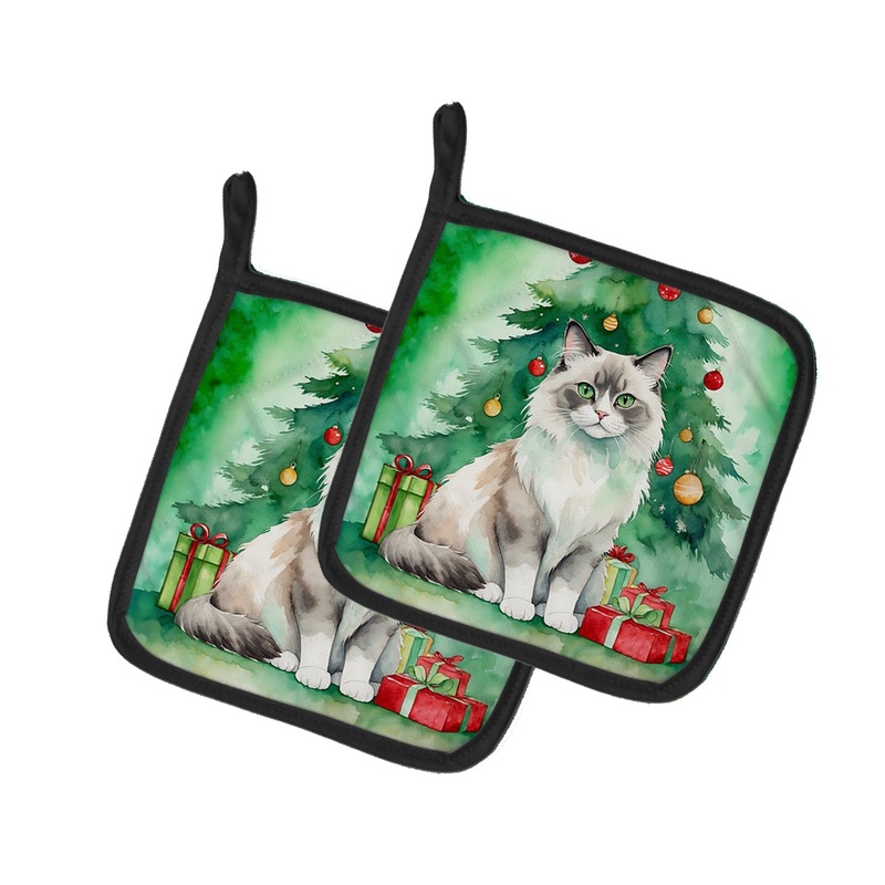 Ragdoll Cat By the Christmas Tree Pot Holders - Set of 2 Decorative Kitchen Helpers | Made in the USA