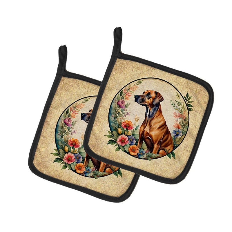 Rhodesian Ridgeback and Flowers Pot Holders - Set of 2 Decorative Kitchen Helpers | Made in the USA