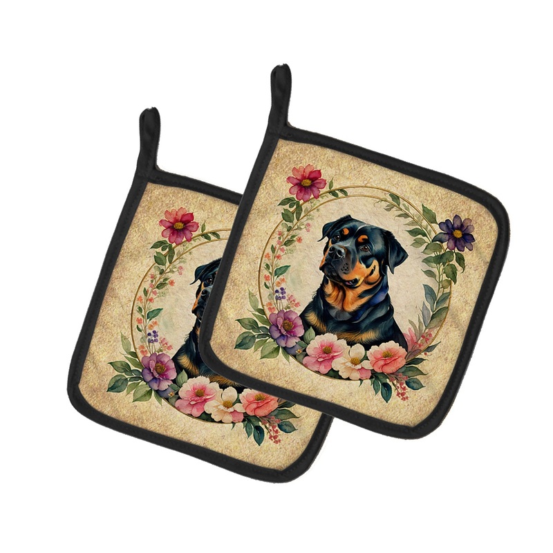 Rottweiler and Flowers Pot Holders - Set of 2 Decorative Kitchen Helpers | Made in the USA