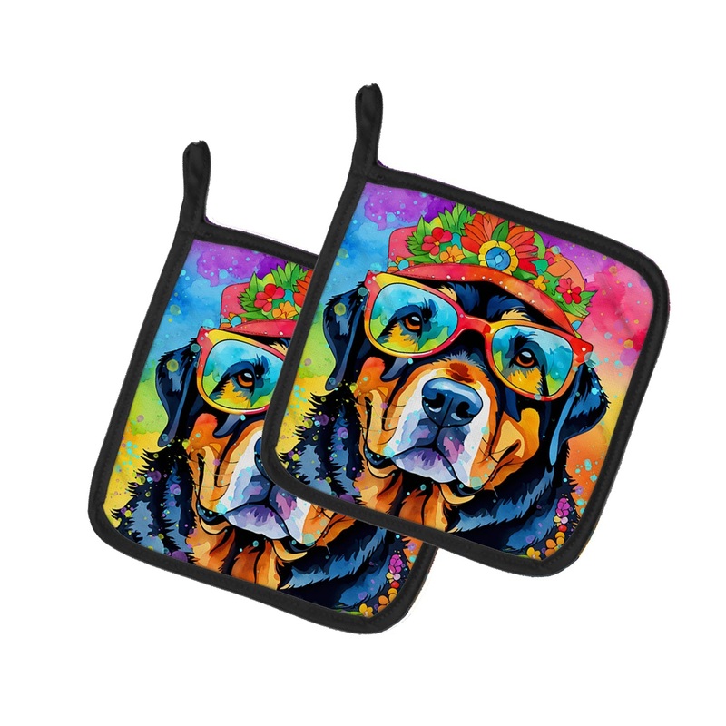 Rottweiler Hippie Dawg Pot Holders - Set of 2 Decorative Kitchen Helpers | Made in the USA