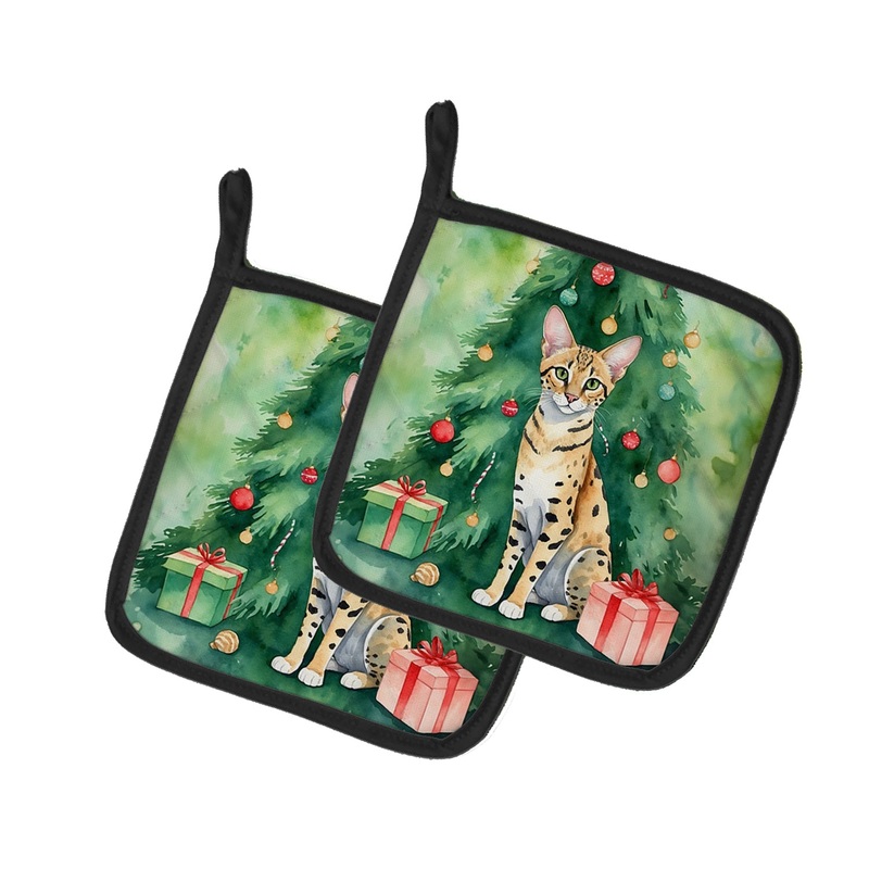 Savannah Cat By the Christmas Tree Pot Holders - Set of 2 Decorative Kitchen Helpers | Made in the USA
