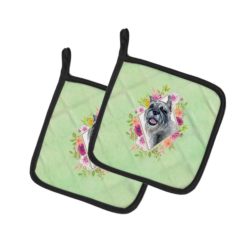 Schnauzer Green Flowers Pot Holders - Set of 2 - Heat-Resistant Kitchen Essentials CK4339PTHD