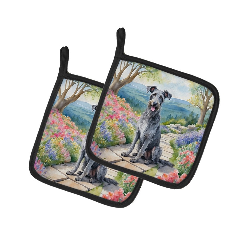 Scottish Deerhound Spring Path Pot Holders - Set of 2 Decorative Kitchen Helpers | Made in the USA
