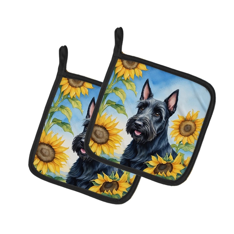 Scottish Terrier in Sunflowers Pot Holders - Set of 2 Decorative Kitchen Helpers | Made in the USA