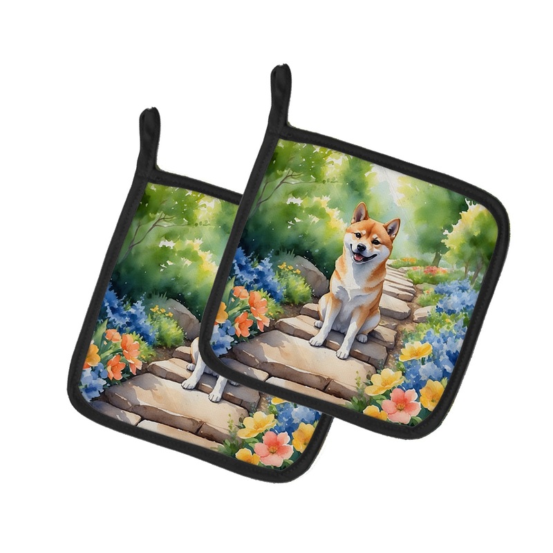 Shiba Inu Spring Path Pot Holders - Set of 2 Decorative Kitchen Helpers | Made in the USA