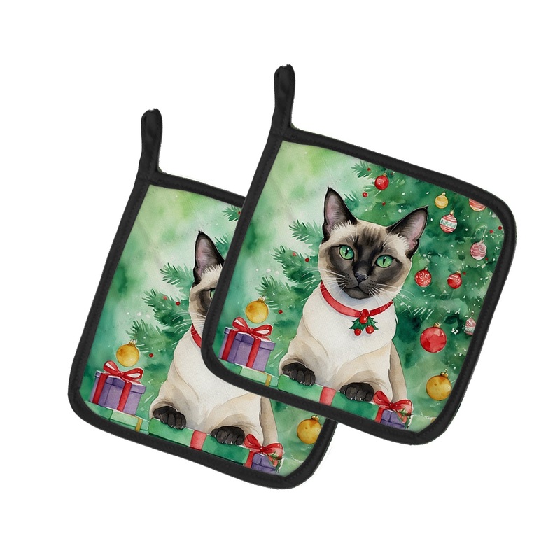 Siamese Cat By the Christmas Tree Pot Holders - Set of 2 Decorative Kitchen Helpers | Made in the USA