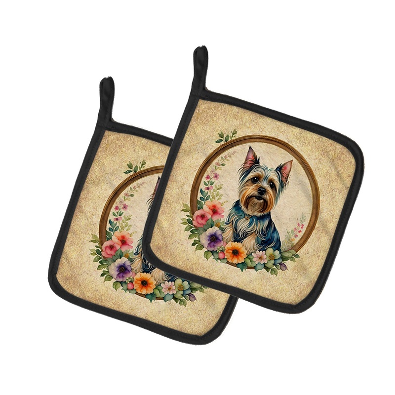Silky Terrier and Flowers Pot Holders - Set of 2 Decorative Kitchen Helpers | Made in the USA