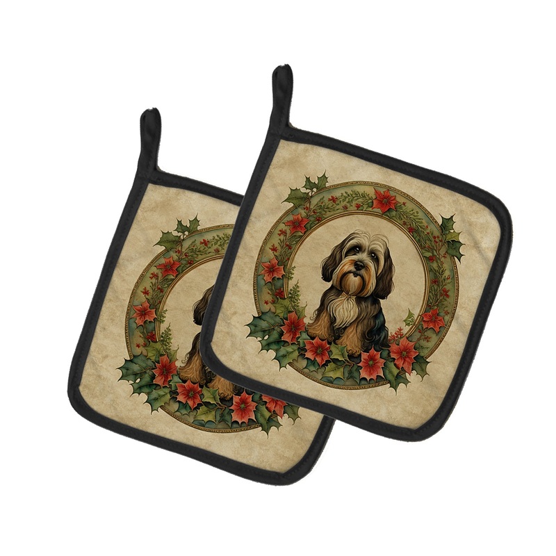 Tibetan Terrier Christmas Flowers Pot Holders - Set of 2 Decorative Kitchen Helpers | Made in the USA
