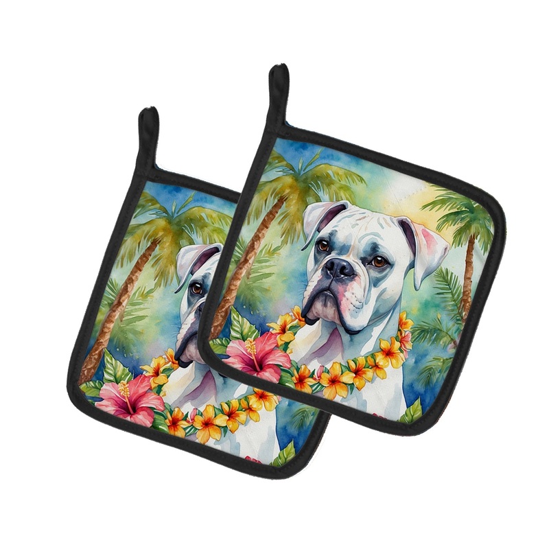 White Boxer Luau Pot Holders - Set of 2 Decorative Kitchen Helpers | Made in the USA