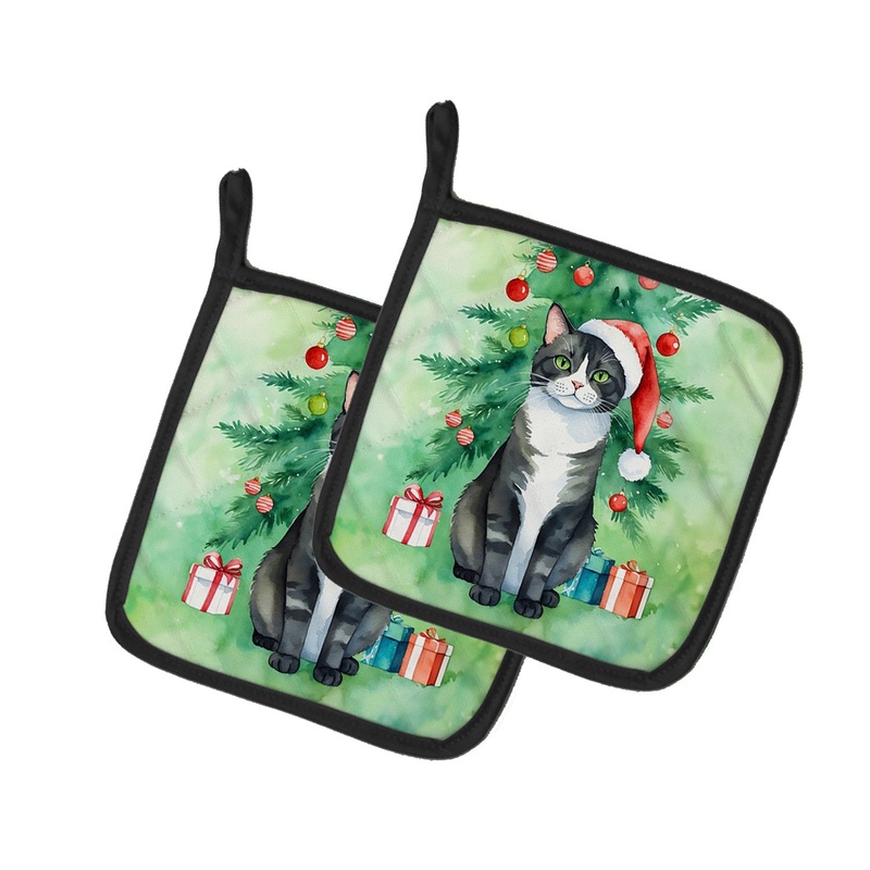 American Polydactyl Cat By the Christmas Tree Pot Holders - Set of 2 Decorative Kitchen Helpers | Made in the USA