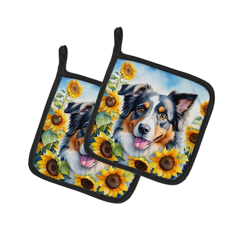 Australian Shepherd in Sunflowers Pot Holders - Set of 2 Decorative Kitchen Helpers | Made in the USA