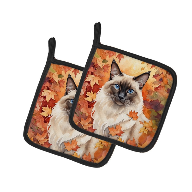 Balinese Cat in Fall Leaves Pot Holders - Set of 2 Decorative Kitchen Helpers | Made in the USA