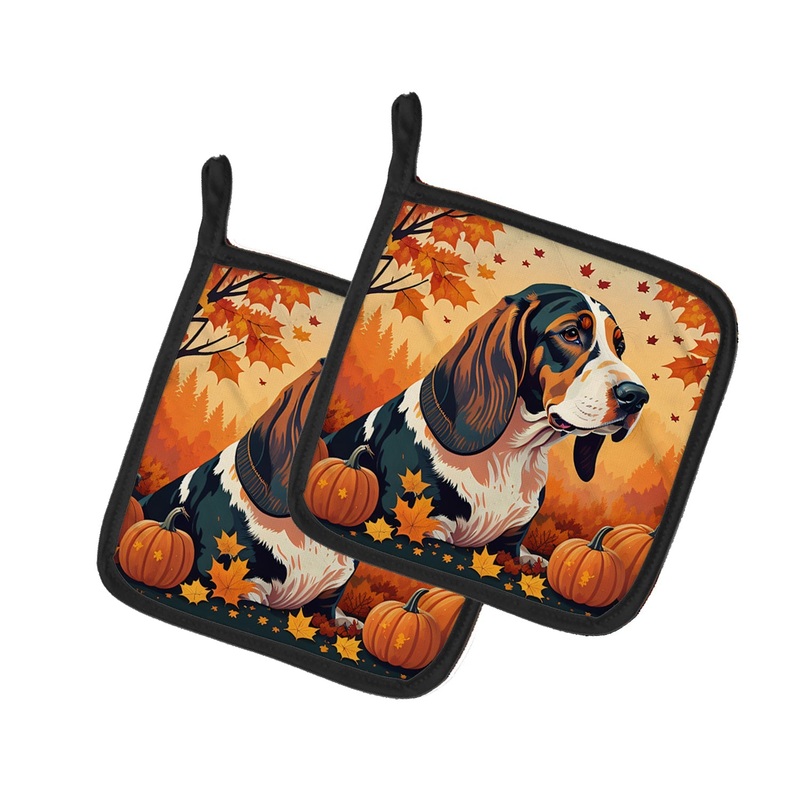 Basset Hound Fall Pot Holders - Set of 2 Decorative Kitchen Helpers | Made in the USA