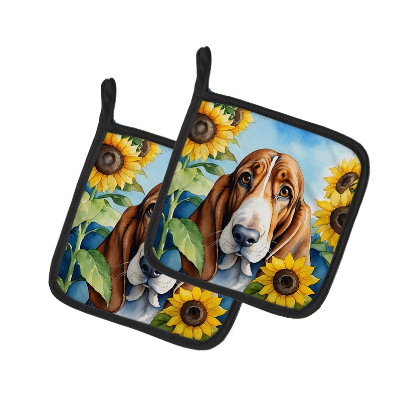 Basset Hound in Sunflowers Pot Holders - Set of 2 Decorative Kitchen Helpers | Made in the USA