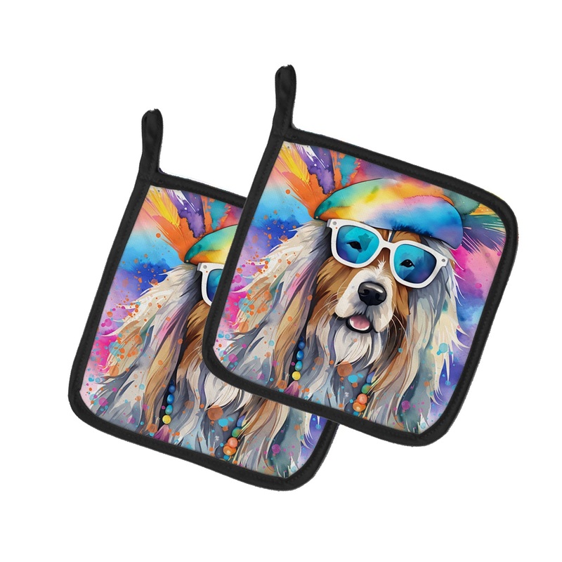 Bearded Collie Hippie Dawg Pot Holders - Set of 2 Decorative Kitchen Helpers | Made in the USA