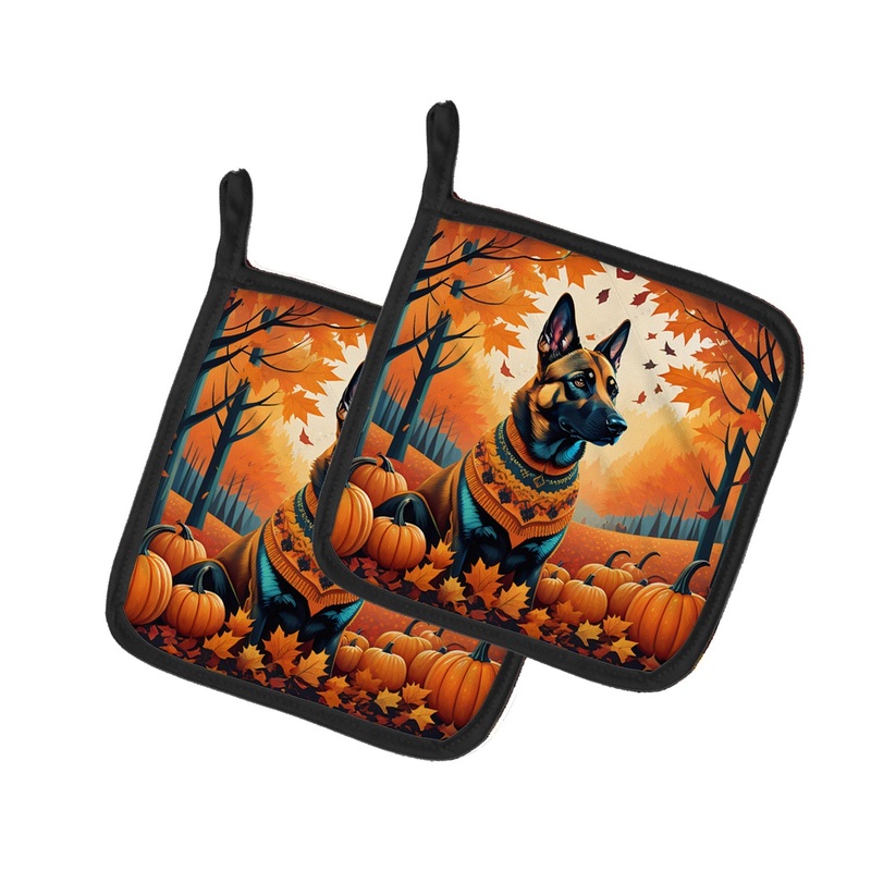 Belgian Malinois Fall Pot Holders - Set of 2 Decorative Kitchen Helpers | Made in the USA