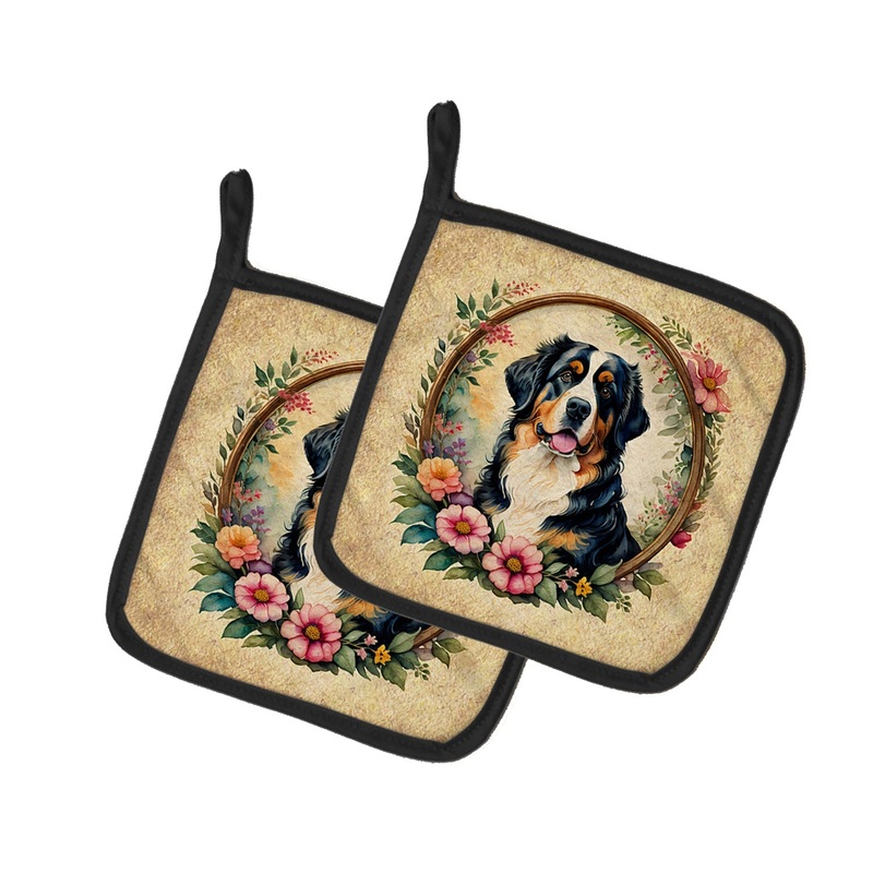 Bernese Mountain Dog and Flowers Pot Holders - Set of 2 Decorative Kitchen Helpers | Made in the USA