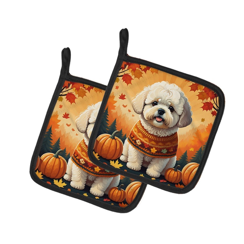 Bichon Frise Fall Pot Holders - Set of 2 Decorative Kitchen Helpers | Made in the USA