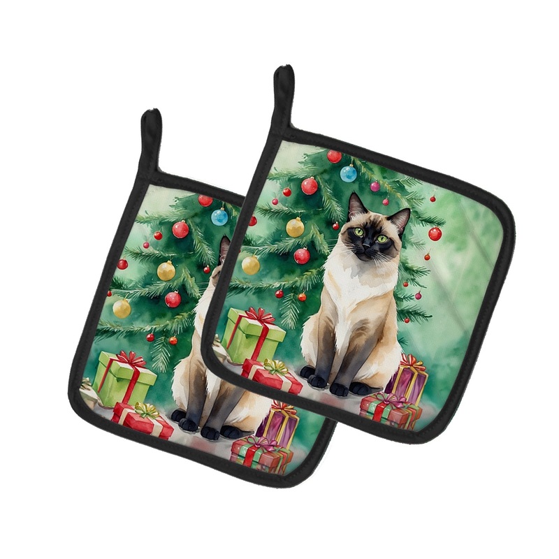 Birman Cat By the Christmas Tree Pot Holders - Set of 2 Decorative Kitchen Helpers | Made in the USA