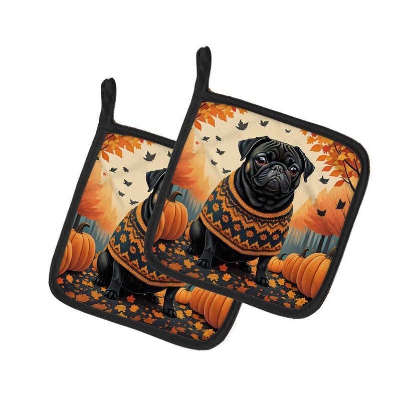 Black Pug Fall Pot Holders - Set of 2 Decorative Kitchen Helpers | Made in the USA