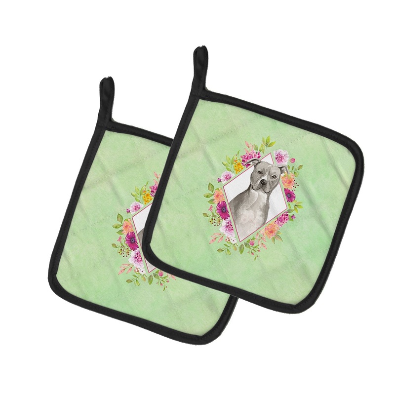 Blue Pit Bull Terrier Green Flowers Pot Holders - Set of 2 - Heat-Resistant Kitchen Essentials CK4429PTHD