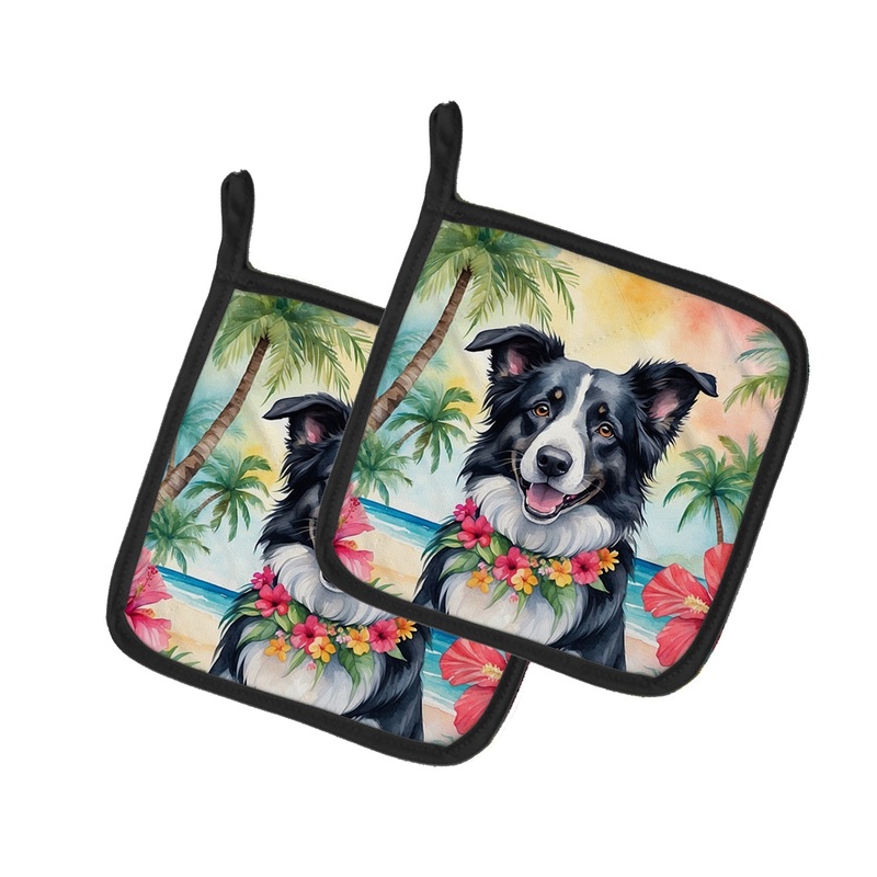 Border Collie Luau Pot Holders - Set of 2 Decorative Kitchen Helpers | Made in the USA